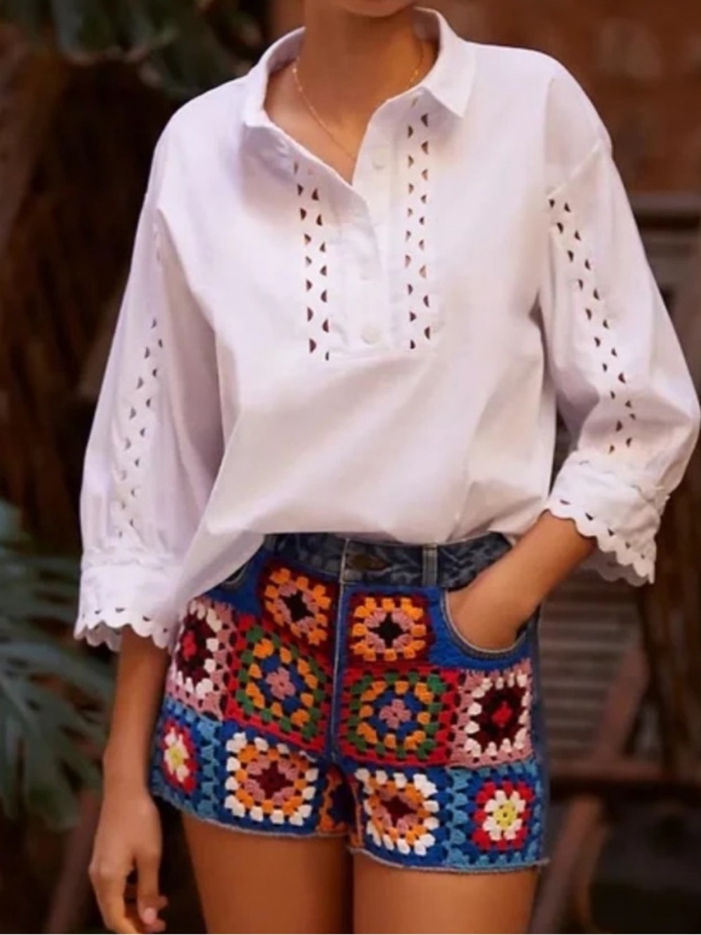 Farm Rio Crochet Denim Shorts